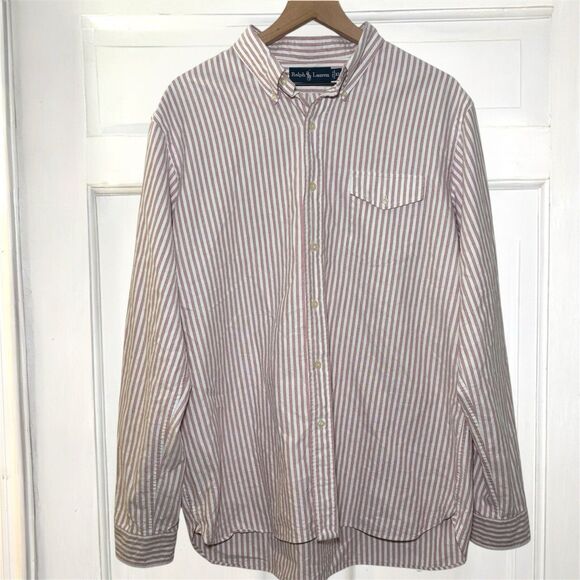 Ralph Lauren Pink White Stripped Men's Xl Pocket Long Sleeve Button Down Shirt - Picture 4 of 8